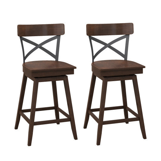 Set of 2 Wooden Swivel Bar Stools with Open X Back and Footrest-24 inches