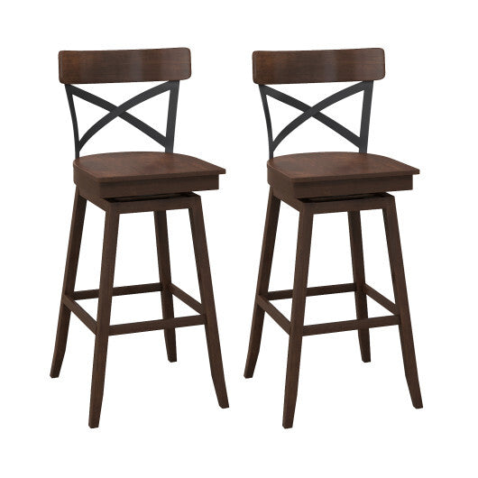 Set of 2 Wooden Swivel Bar Stools with Open X Back and Footrest-24 inches
