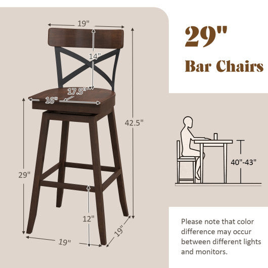 Set of 2 Wooden Swivel Bar Stools with Open X Back and Footrest-24 inches