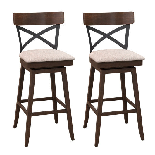 Set of 2 Wooden Swivel Bar Stools with Cushioned Seat and Open X Back-25 Inch
