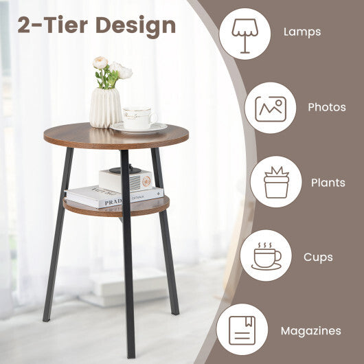 2-Tier Round End Table Set of 2 with Open Shelf and Triangular Metal Frame-Walnut W2B
