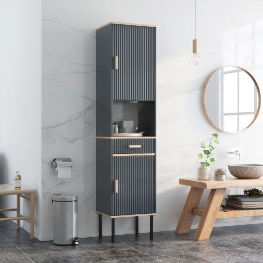 Free-Standing Bathroom Cabinet Narrow Linen with Doors and Drawer-Gray W2B