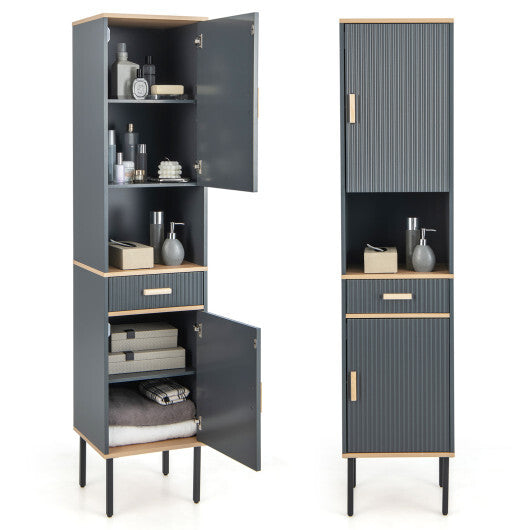 Free-Standing Bathroom Cabinet Narrow Linen with Doors and Drawer-Gray W2B