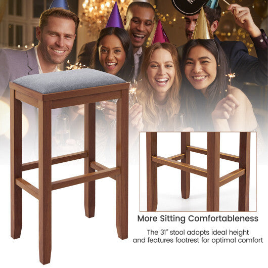 2 Pieces 31 Inch Upholstered Bar Stool Set with Solid Rubber Wood Frame and Footres-Griege
