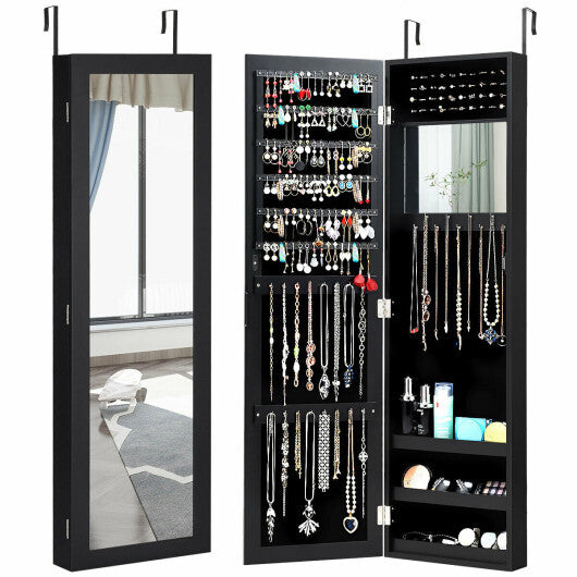 Full Length Mirror Jewelry Cabinet with Ring Slots and Necklace Hooks-Black W2B