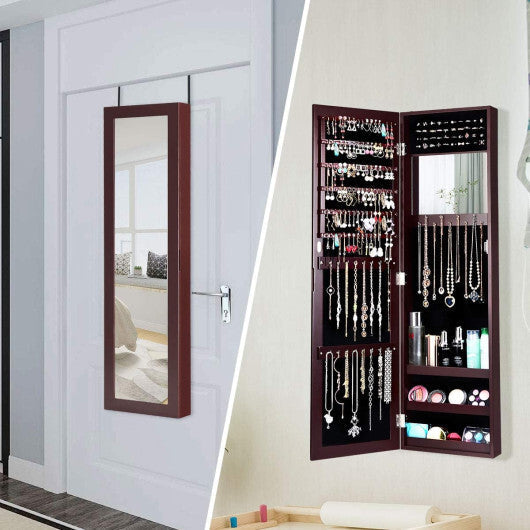 Full Length Mirror Jewelry Cabinet with Ring Slots and Necklace Hooks-Dark Brown - Color: Dark Brown W2B