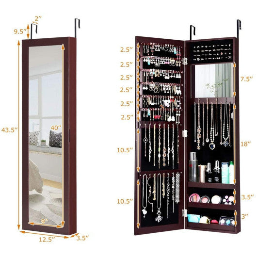 Full Length Mirror Jewelry Cabinet with Ring Slots and Necklace Hooks-Dark Brown - Color: Dark Brown W2B