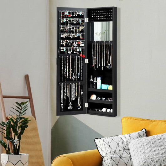 Full Length Mirror Jewelry Cabinet with Ring Slots and Necklace Hooks-Black W2B