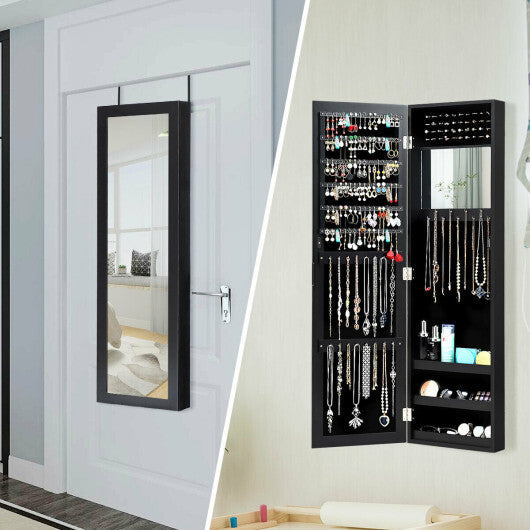 Full Length Mirror Jewelry Cabinet with Ring Slots and Necklace Hooks-Black W2B
