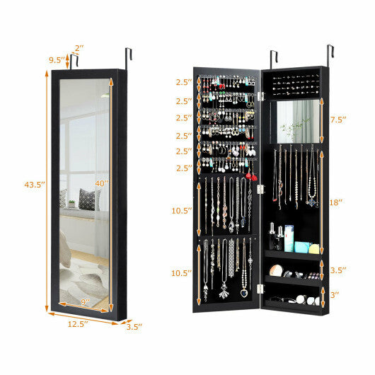 Full Length Mirror Jewelry Cabinet with Ring Slots and Necklace Hooks-Black W2B