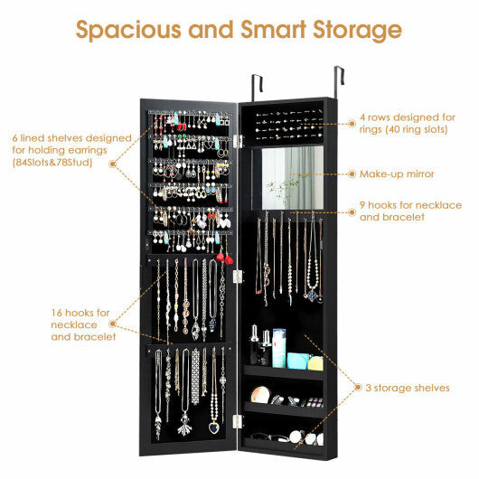 Full Length Mirror Jewelry Cabinet with Ring Slots and Necklace Hooks-Black W2B