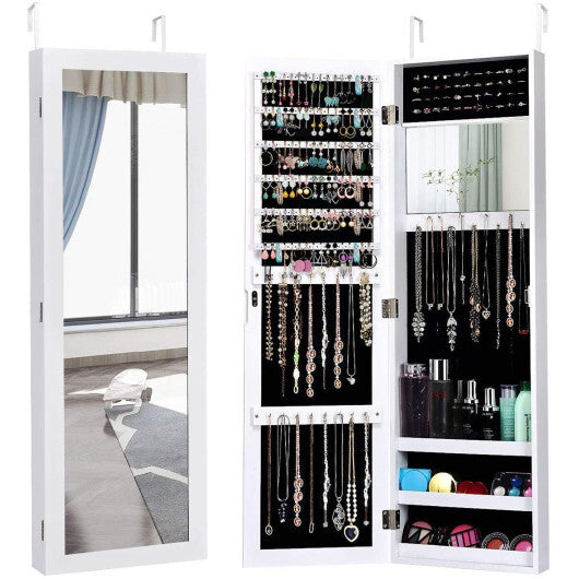 Full Length Mirror Jewelry Cabinet with Ring Slots and Necklace Hooks-Black W2B