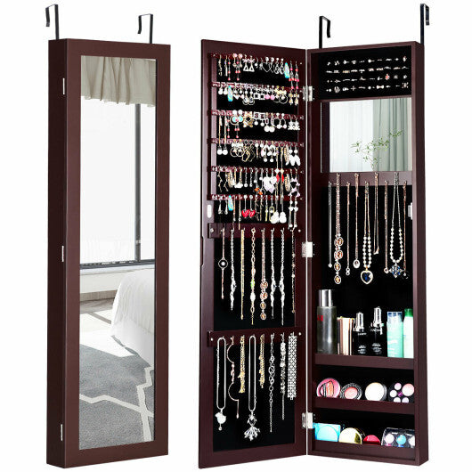 Full Length Mirror Jewelry Cabinet with Ring Slots and Necklace Hooks-Black W2B