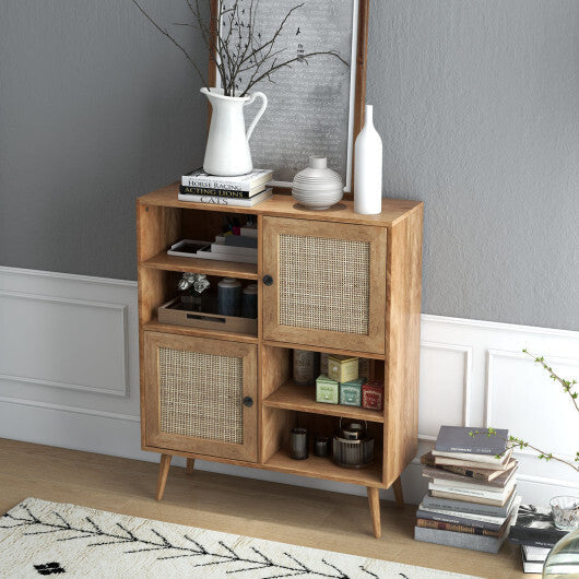 Rattan Buffet Cabinet with 2 Doors and 2 Cubbies-Natural W2B