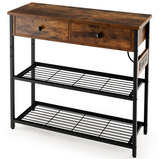 Narrow Console Table with 2 Drawers and 2 Metal Mesh Shelves-Gray W2B