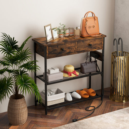 Narrow Console Table with 2 Drawers and 2 Metal Mesh Shelves-Gray W2B