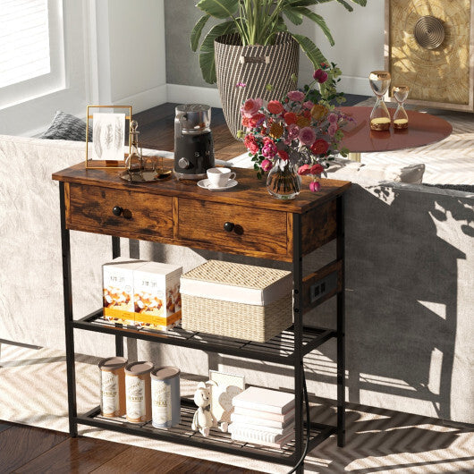 Narrow Console Table with 2 Drawers and 2 Metal Mesh Shelves-Gray W2B