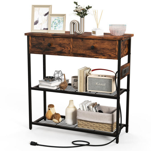 Narrow Console Table with 2 Drawers and 2 Metal Mesh Shelves-Gray W2B