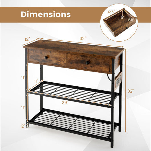 Narrow Console Table with 2 Drawers and 2 Metal Mesh Shelves-Gray W2B