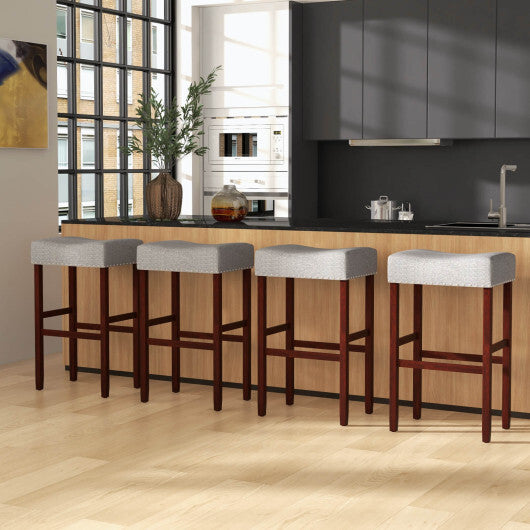2 Set of 29 Inch Height Upholstered Bar Stool with Solid Rubber Wood Legs and Footrest-Beige W2B