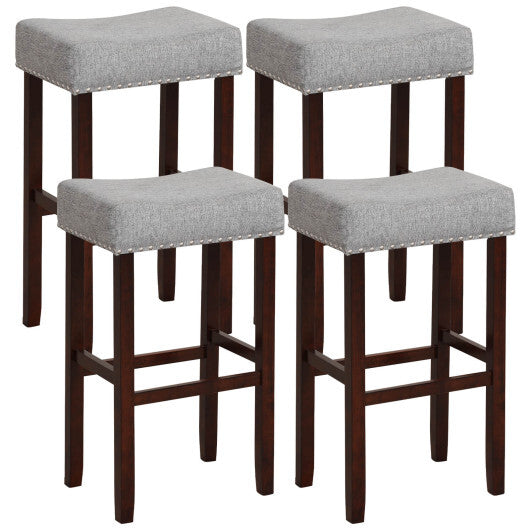 2 Set of 29 Inch Height Upholstered Bar Stool with Solid Rubber Wood Legs and Footrest-Beige W2B