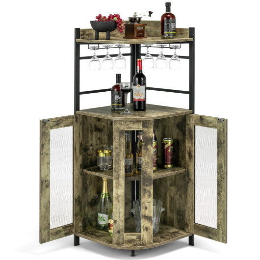 Industrial Corner Bar Cabinet with Glass Holder and Adjustable Shelf-Rustic Brown