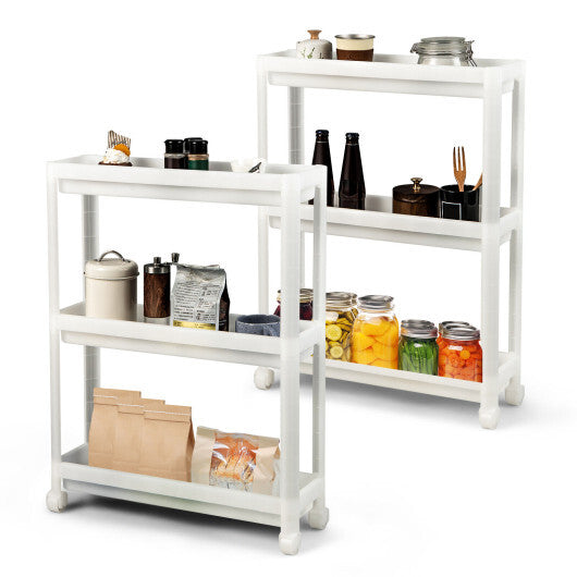 2 Pieces 3-Tier Slim Detachable Storage Cart with Drainage Holes and Wheels-White