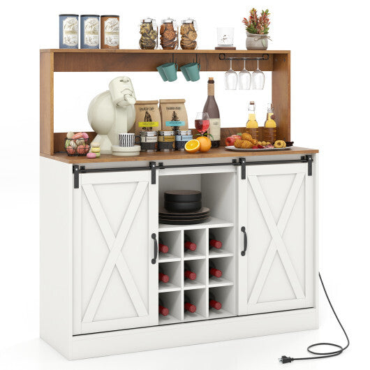 Farmhouse Coffee Bar Cabinet with Charging Station and Sliding Barn Doors-White