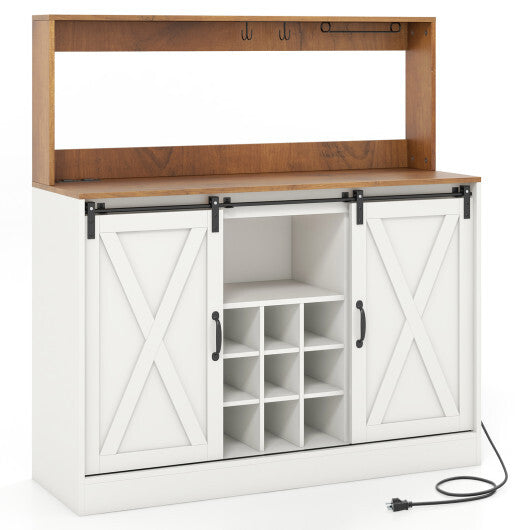 Farmhouse Coffee Bar Cabinet with Charging Station and Sliding Barn Doors-White