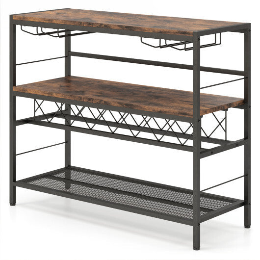 41 Inch 4-Tier Bar Table with Wine Rack and 4 Rows of Glass Holders-Rustic Brown W2B
