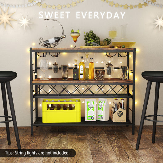 41 Inch 4-Tier Bar Table with Wine Rack and 4 Rows of Glass Holders-Rustic Brown W2B