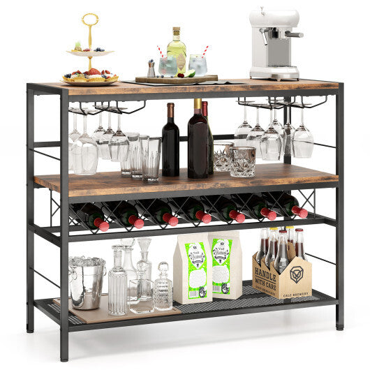 41 Inch 4-Tier Bar Table with Wine Rack and 4 Rows of Glass Holders-Rustic Brown W2B