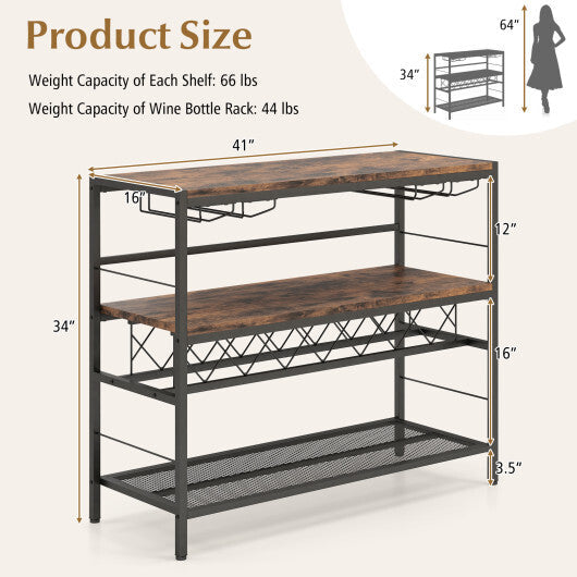 41 Inch 4-Tier Bar Table with Wine Rack and 4 Rows of Glass Holders-Rustic Brown W2B