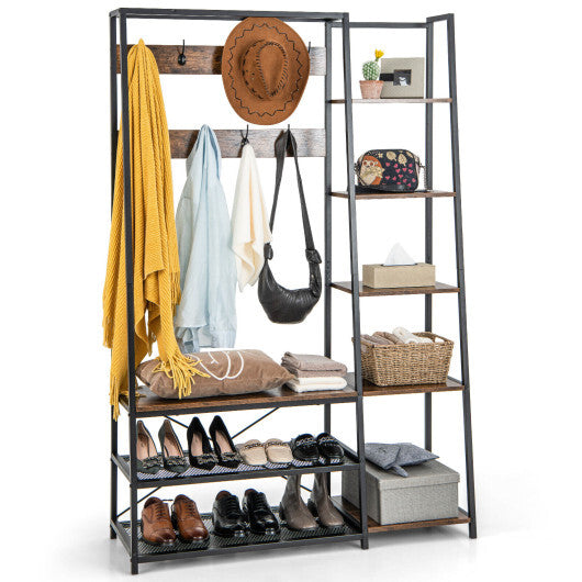 5-in-1 Entryway Hall Tree with Storage Bench with 9 Hooks-Rustic Brown W2B