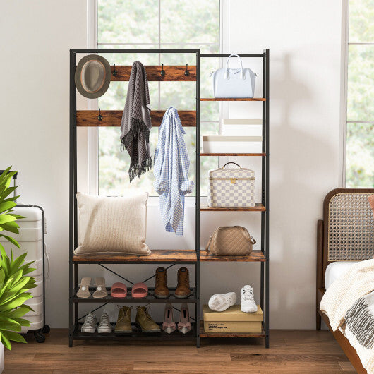 5-in-1 Entryway Hall Tree with Storage Bench with 9 Hooks-Rustic Brown W2B
