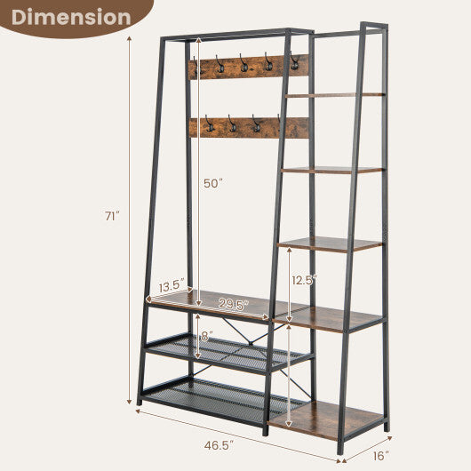 5-in-1 Entryway Hall Tree with Storage Bench with 9 Hooks-Rustic Brown W2B