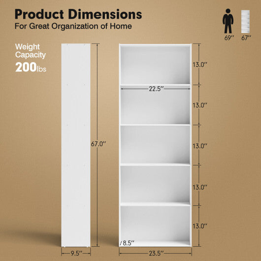 5-Shelf Storage Bookcase Modern Multi-Functional Display Cabinet-White - Color: White W2B
