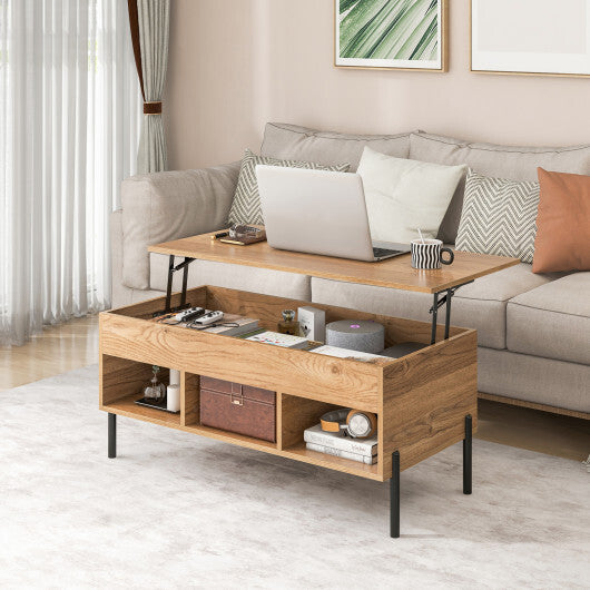 Living Room Central Table with Lifting Tabletop and Metal Legs-Natural W2B