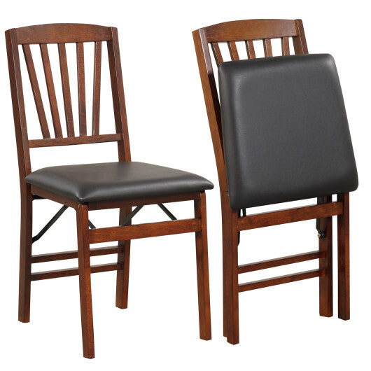 Set of 2 Folding Chairs with Padded Seat and Rubber Wood Frame-Brown W2B