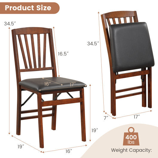 Set of 2 Folding Chairs with Padded Seat and Rubber Wood Frame-Brown W2B