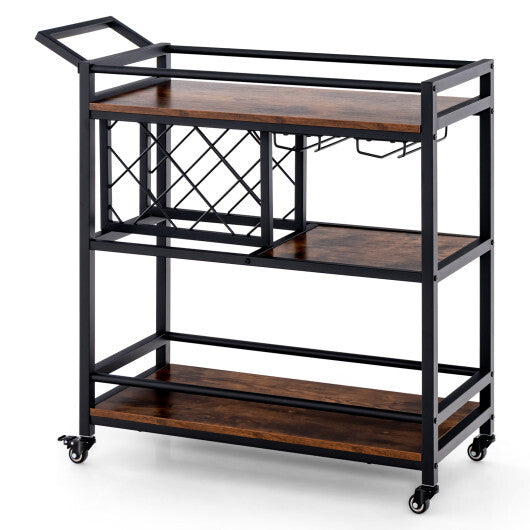 3-tier Bar Cart on Wheels Home Kitchen Serving Cart with Wine Rack and Glasses Holder-Rustic Brown