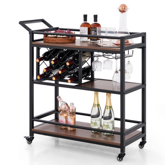 3-tier Bar Cart on Wheels Home Kitchen Serving Cart with Wine Rack and Glasses Holder-Rustic Brown