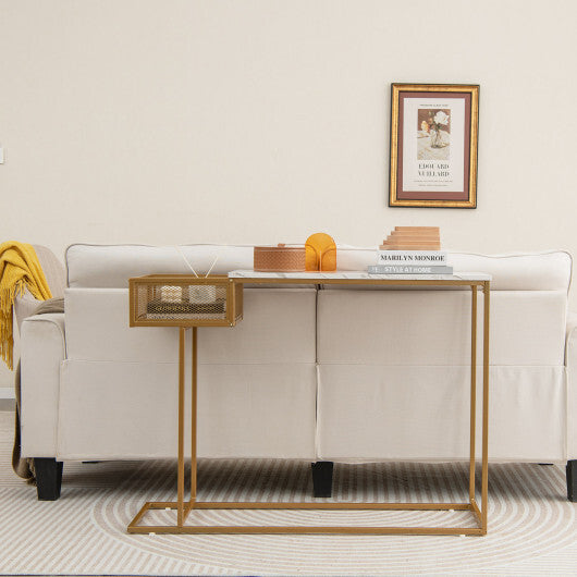 Rectangular White Faux Marble Console Table with Storage-Gold