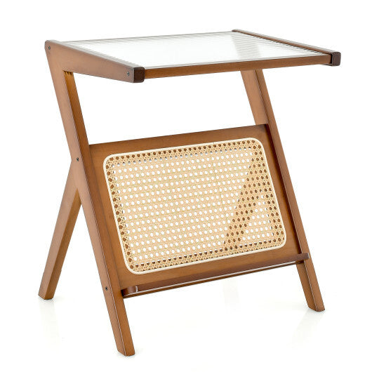 Boho End Table with Magazine Rack and Tempered Glass Top-Walnut W2B