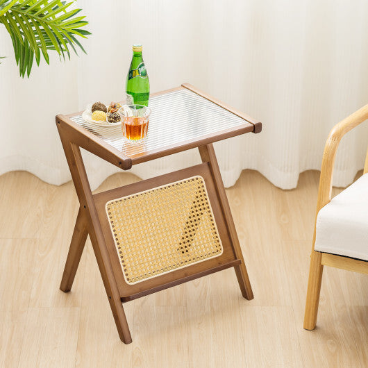 Boho End Table with Magazine Rack and Tempered Glass Top-Walnut W2B