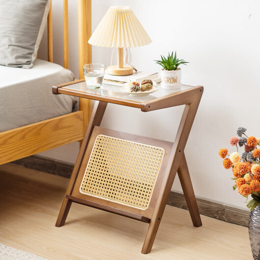 Boho End Table with Magazine Rack and Tempered Glass Top-Walnut W2B