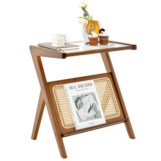 Boho End Table with Magazine Rack and Tempered Glass Top-Walnut W2B