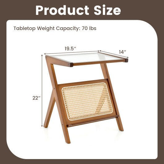 Boho End Table with Magazine Rack and Tempered Glass Top-Walnut W2B