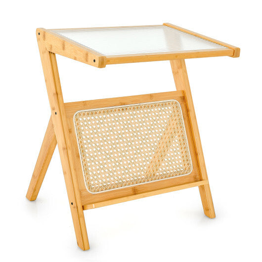 Boho End Table with Magazine Rack and Tempered Glass Top-Walnut W2B