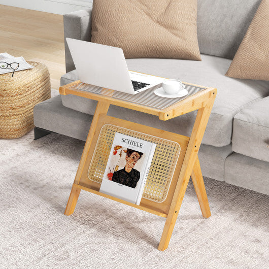 Boho End Table with Magazine Rack and Tempered Glass Top-Walnut W2B